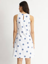 Cotton Print Play A-Line Dress - White & Blue