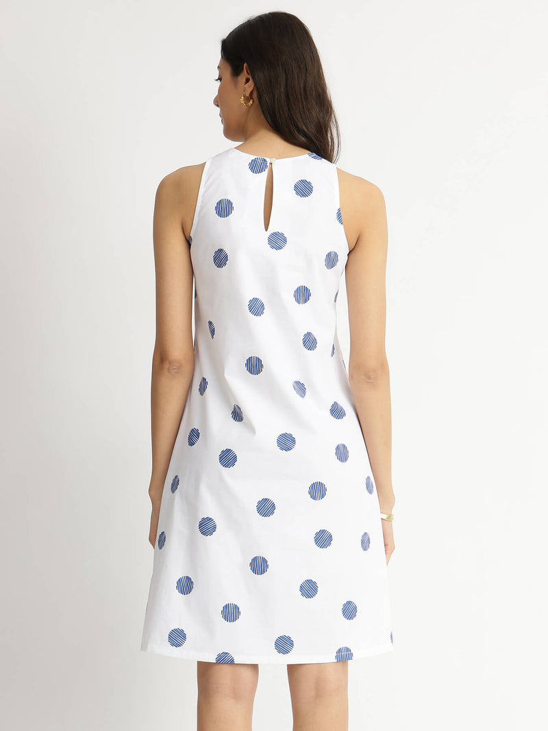 Cotton Print Play A-Line Dress - White & Blue
