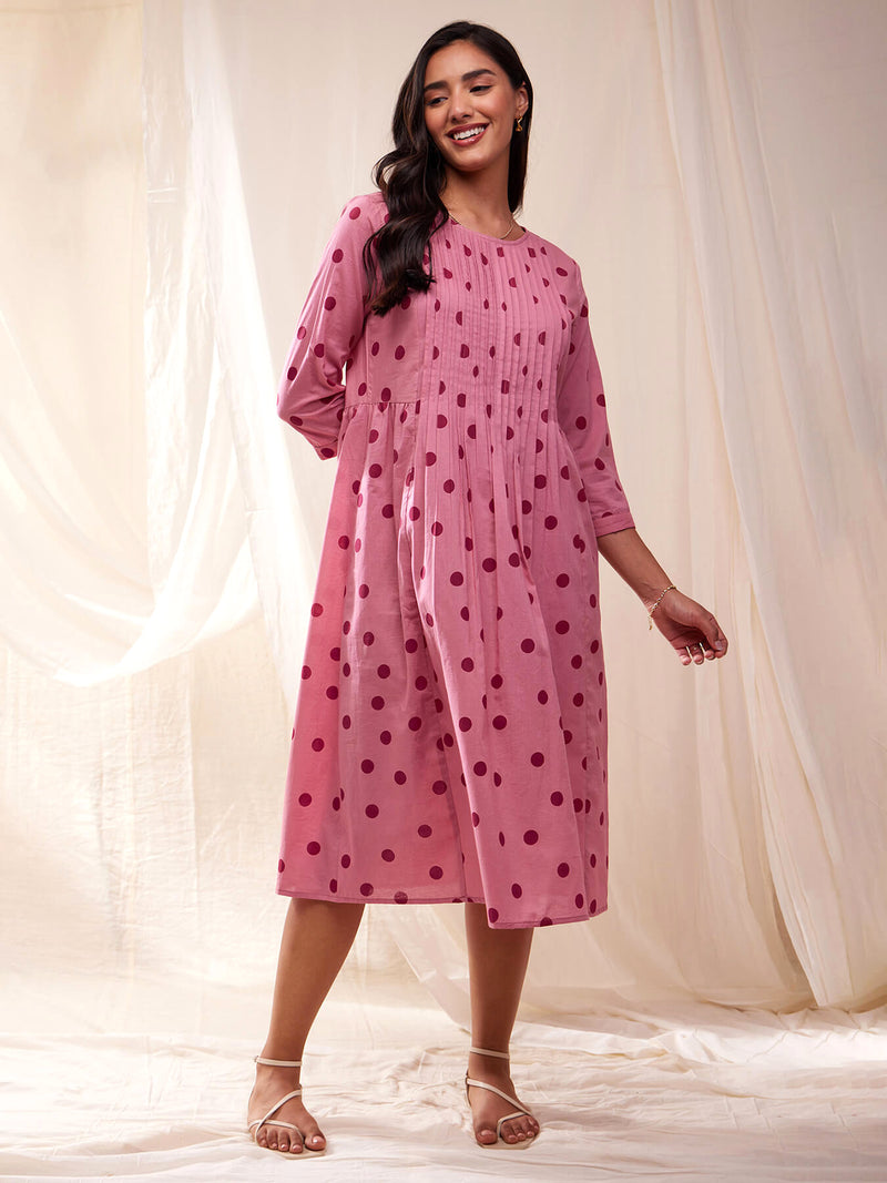 Cotton Polka Print A-line Dress - Pink