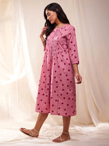 Cotton Polka Print A-line Dress - Pink