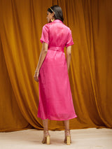 Gold Foil Print Organza Flared Dress - Pink