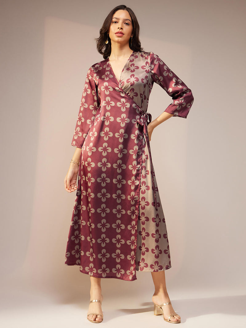 Satin Floral Print Wrap Dress - Maroon