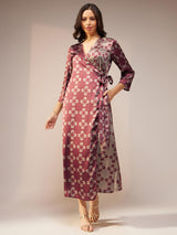 Satin Floral Print Wrap Dress - Maroon