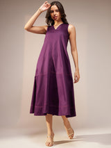Cotton Satin Solid A-Line Dress - Purple