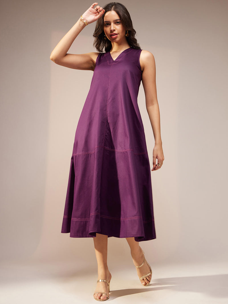 Cotton Satin Solid A-Line Dress - Purple