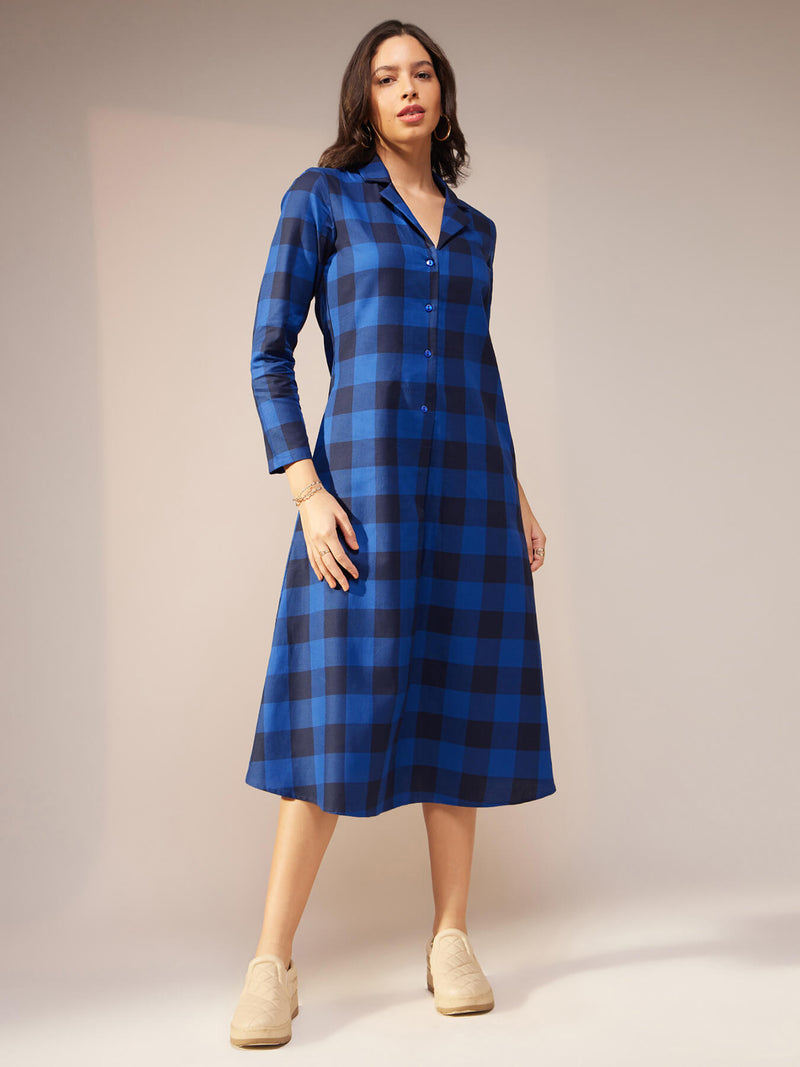 Cotton Checked A-Line Dress - Navy Blue