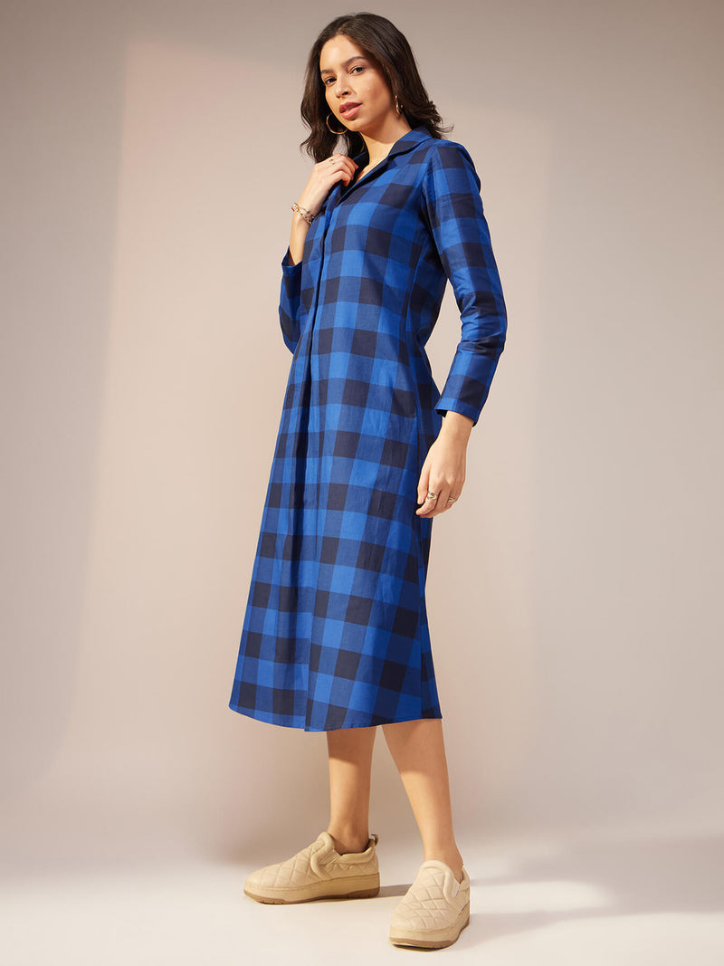 Cotton Checked A-Line Dress - Navy Blue