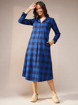 Cotton Checked A-Line Dress - Navy Blue