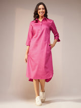 Cotton Satin Solid Shirt Dress - Pink