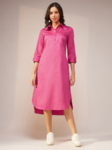 Cotton Satin Solid Shirt Dress - Pink