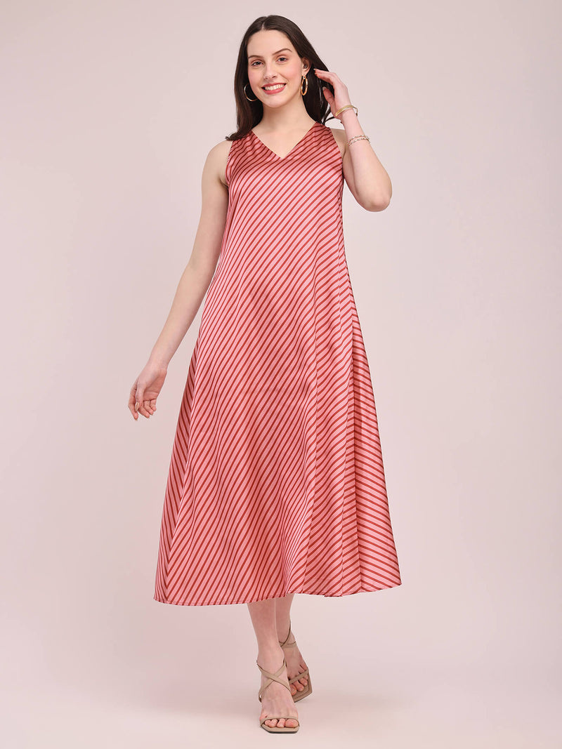 Satin Striped Maxi Dress - Pink