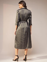 Satin Striped Shirt Dress - Black