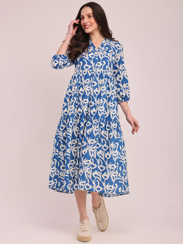 Cotton Floral Print Tiered Dress - Blue