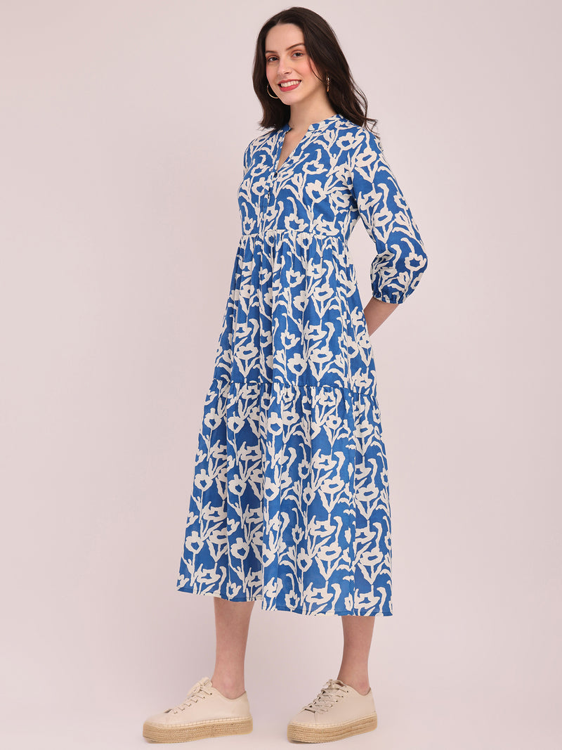 Cotton Floral Print Tiered Dress - Blue