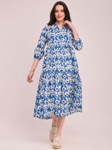 Cotton Floral Print Tiered Dress - Blue