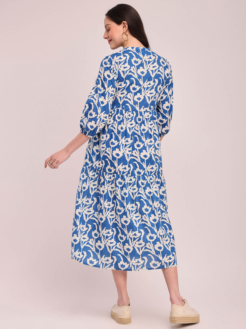 Cotton Floral Print Tiered Dress - Blue