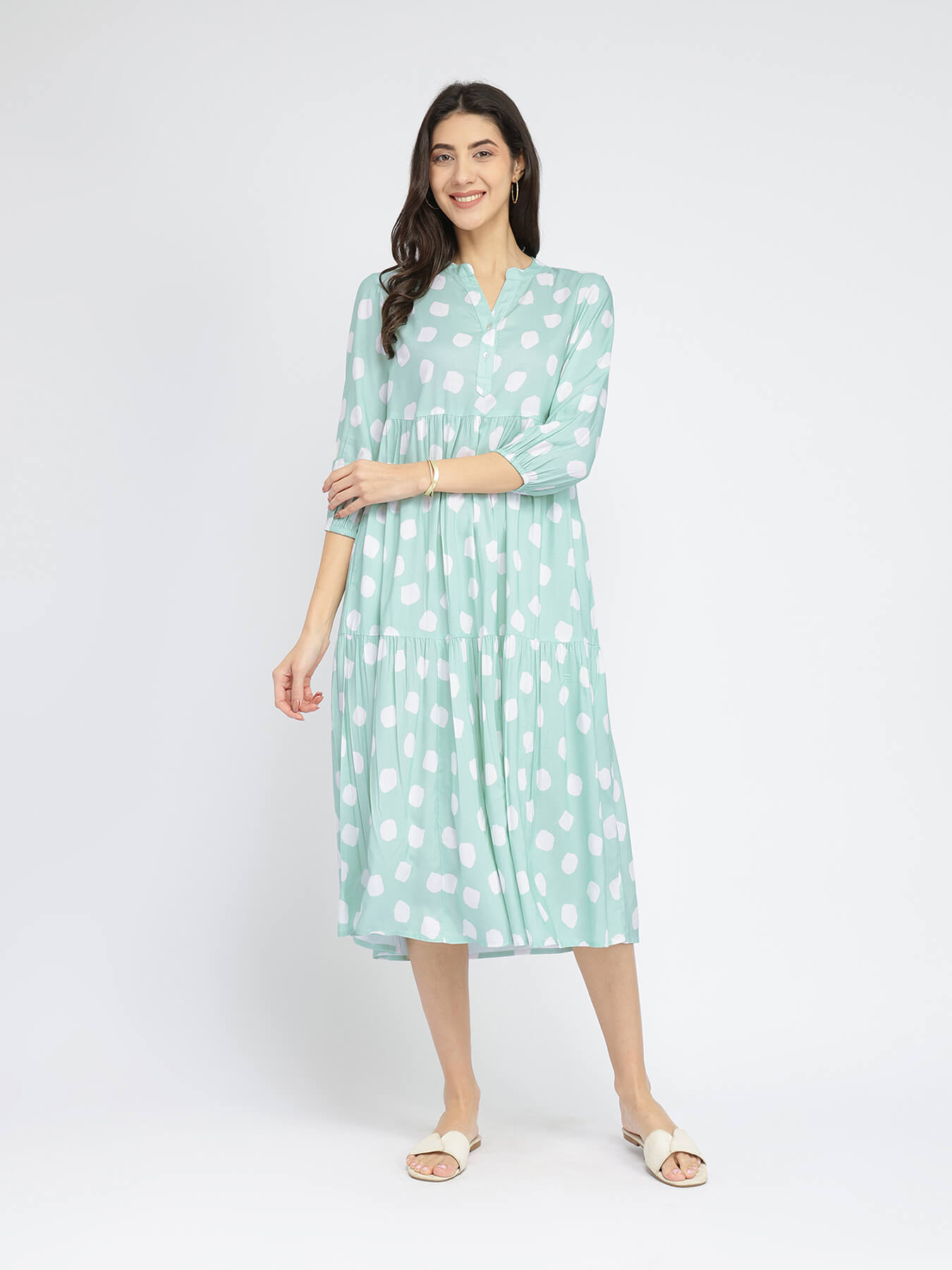 Rayon Polka Tiered Dress - Green