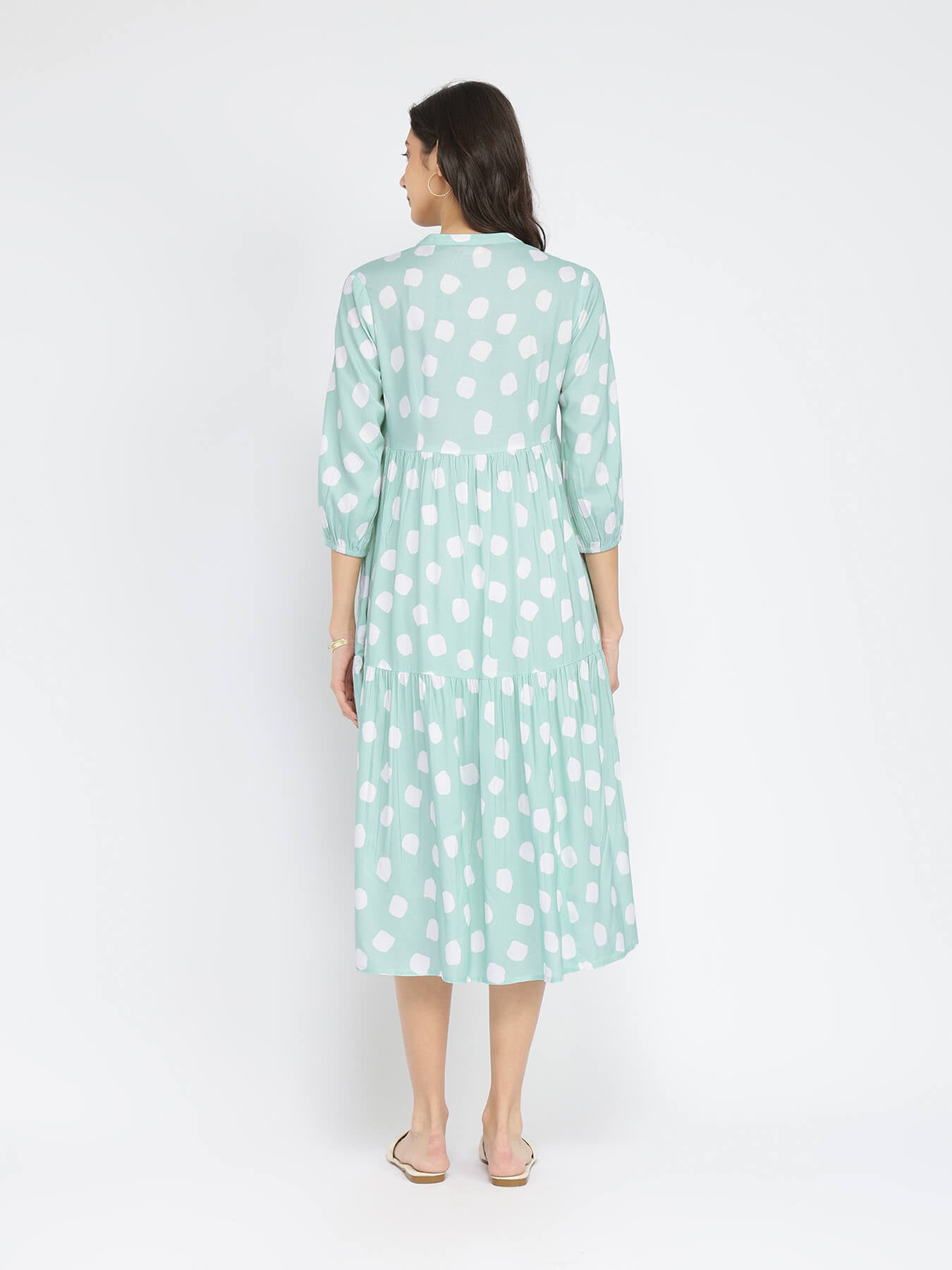 Rayon Polka Tiered Dress - Green