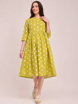 Cotton Polka Print Dress - Lime