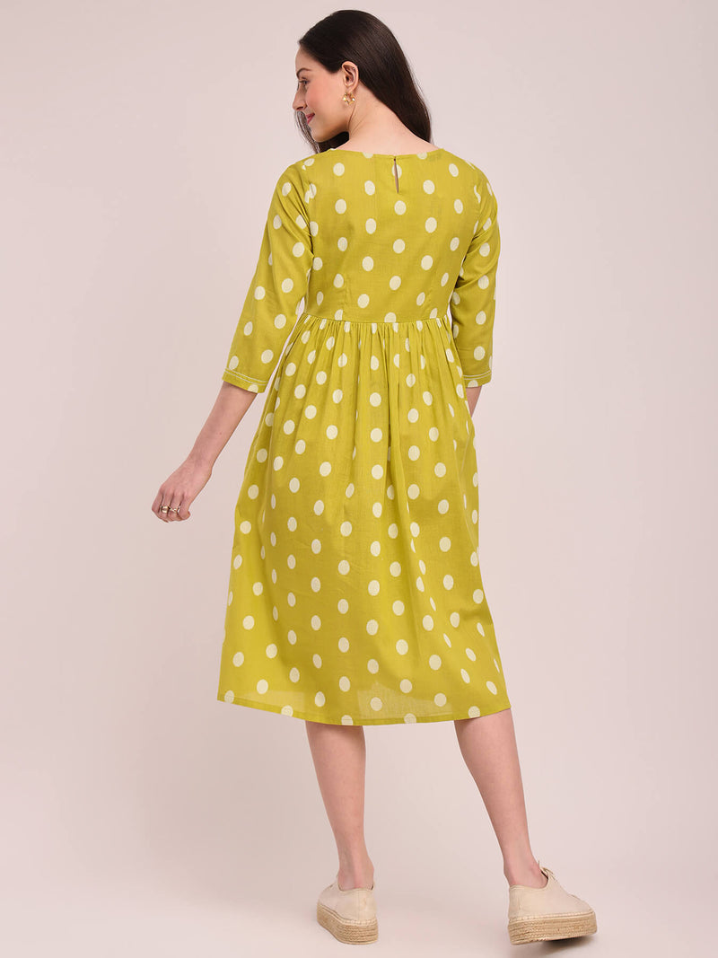 Cotton Polka Print Dress - Lime