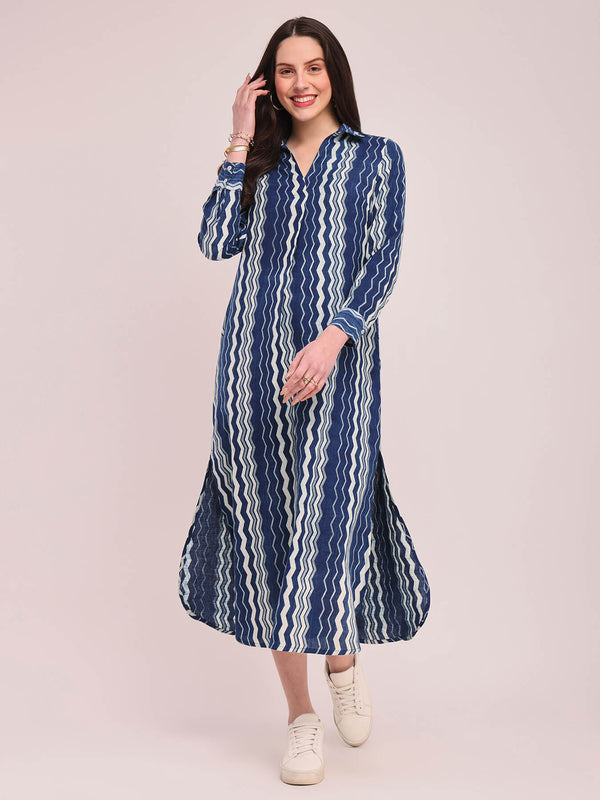 Cotton Linen Chevron Print Shirt Dress - Indigo