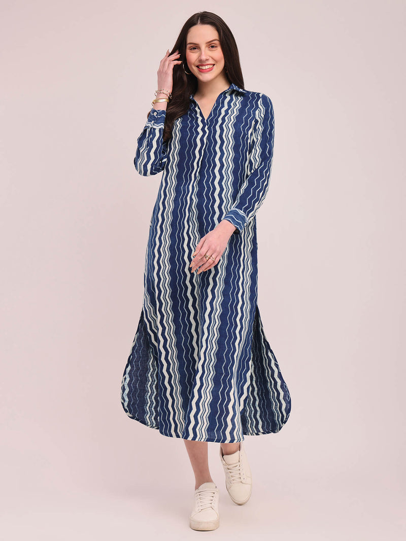 Cotton Linen Chevron Print Shirt Dress - Indigo