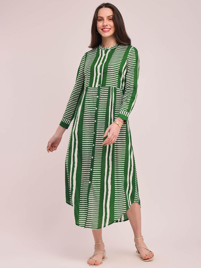 Cotton Geometric Print Shirt Dress - Green