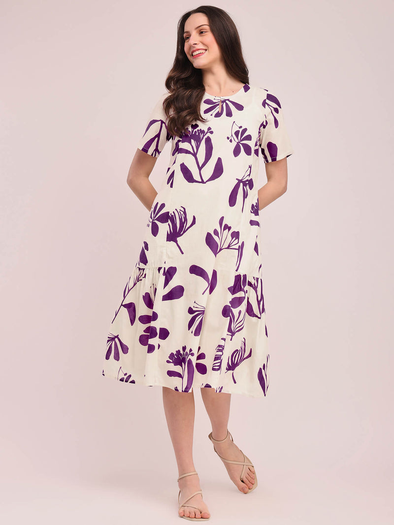 Cotton Floral Print Dress - Off-White and Purple