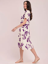 Cotton Floral Print Dress - Off-White and Purple