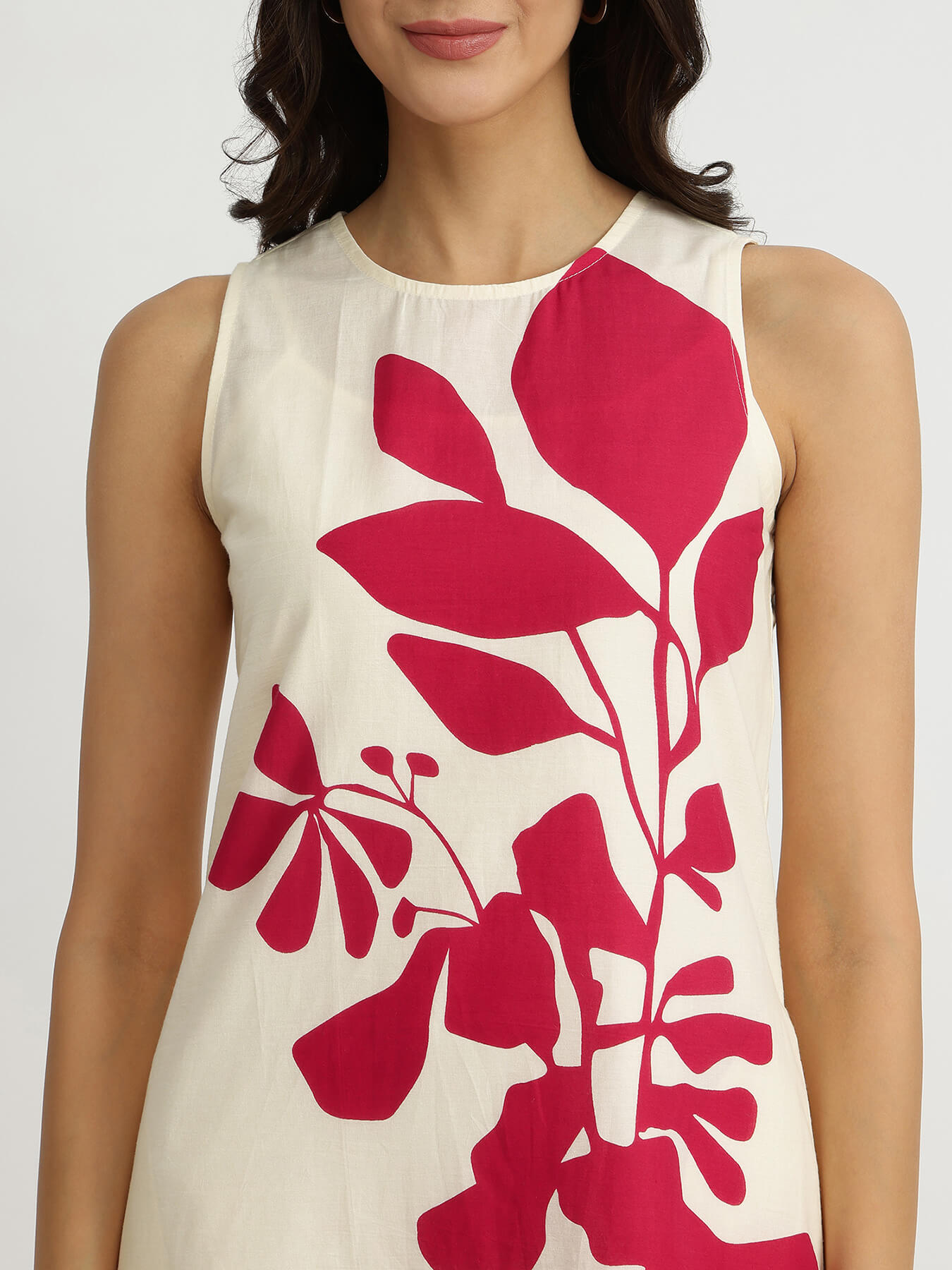 Cotton Floral A-Line Dress - Off-White and Pink