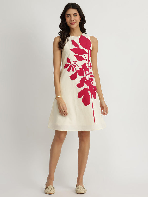 Cotton Floral A-Line Dress - Off-White and Pink