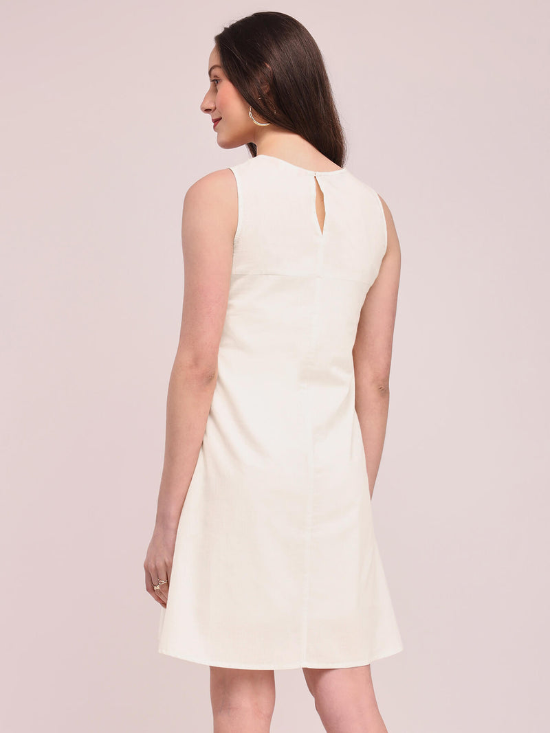 Cotton Floral A-Line Dress - Off-White and Pink
