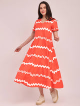 Cotton Chevron Print Dress - Peach