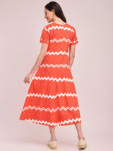 Cotton Chevron Print Dress - Peach