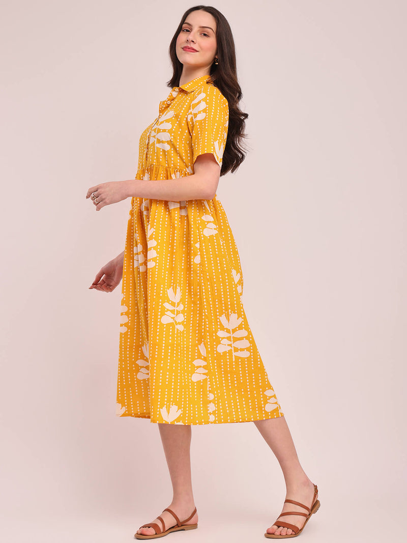 Cotton Floral Shirt Dress - Yellow