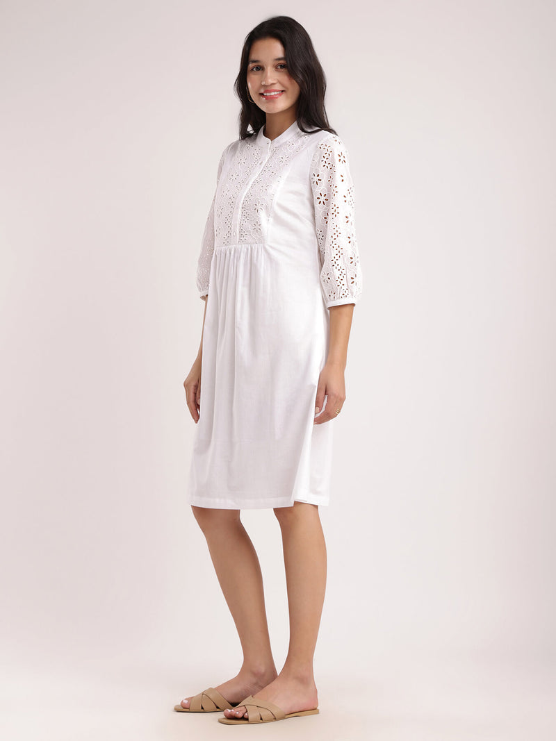 Cotton Schiffli A-Line Dress - White