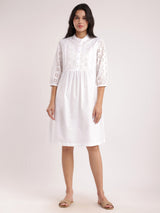 Cotton Schiffli A-Line Dress - White