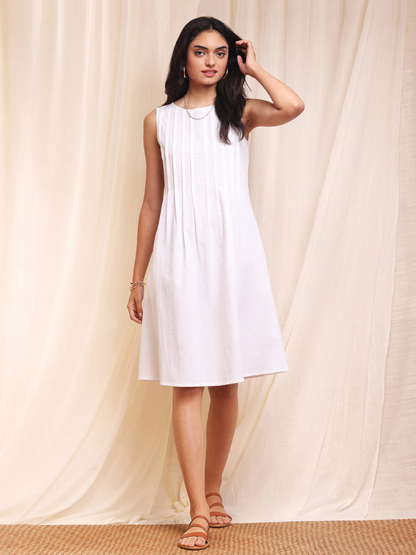 Cotton Sleeveless A-Line Dress - White