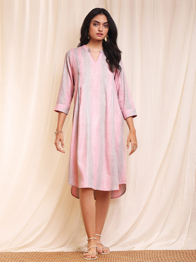 Striped Front Pleated Dress - Pink & Grey