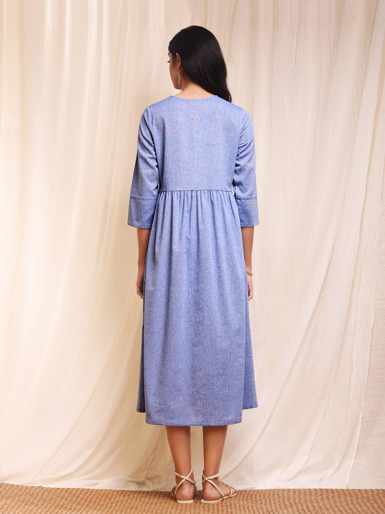 Cotton Chambray Flared Dress - Light Blue