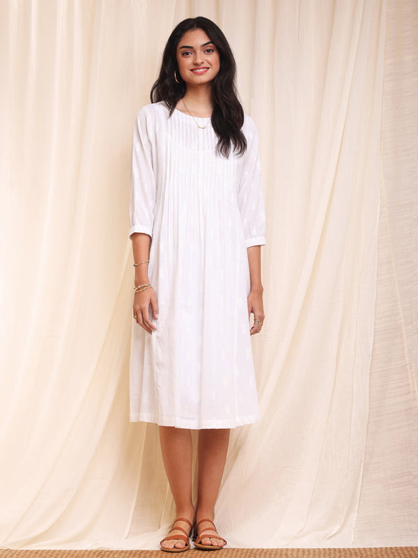 Cotton A-Line Pleated Dress - White
