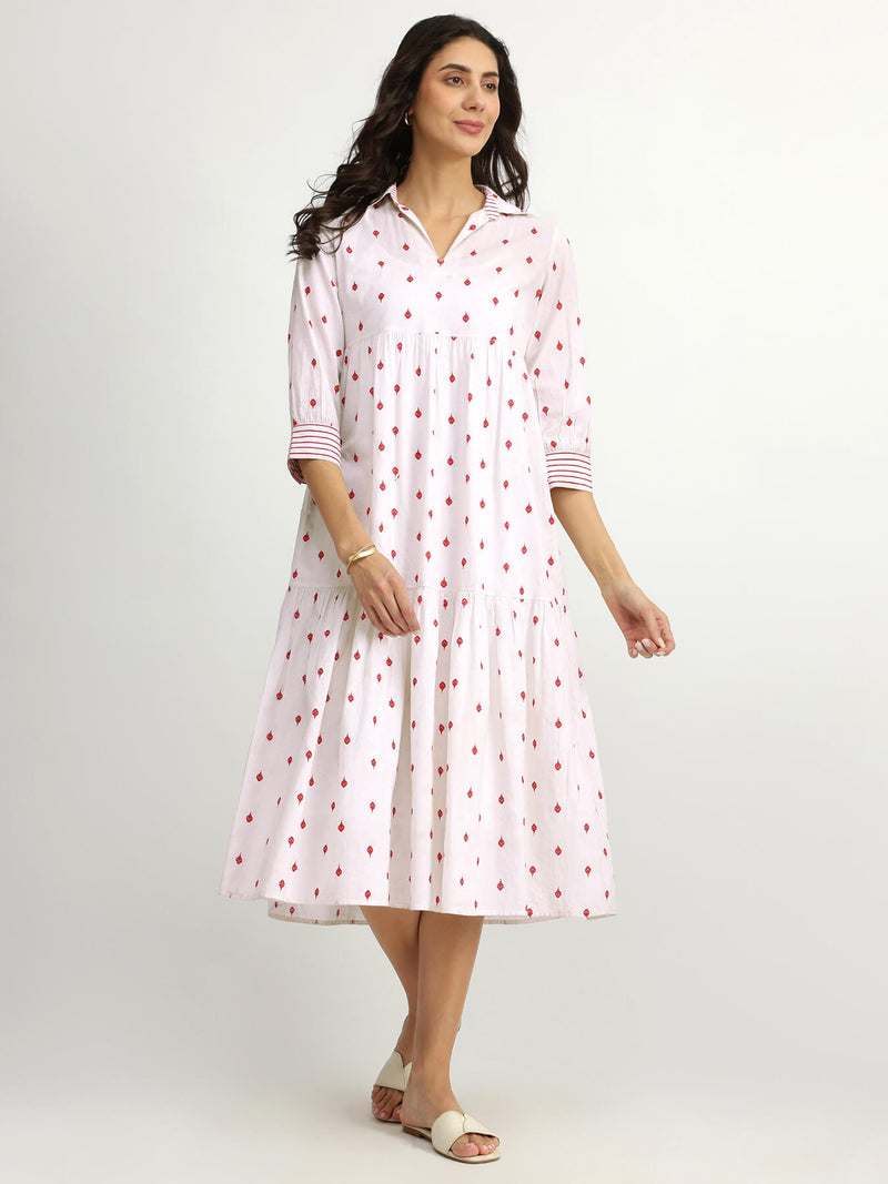Cotton Polka Shirt Dress - White & Red