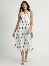 Cotton Sleeveless A-Line Dress - White & Green