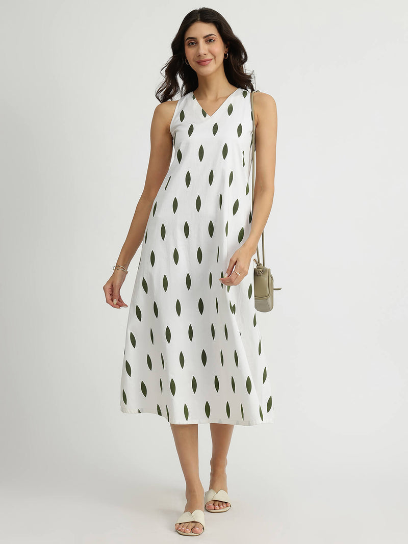 Cotton Sleeveless A-Line Dress - White & Green