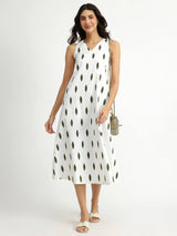 Cotton Sleeveless A-Line Dress - White & Green