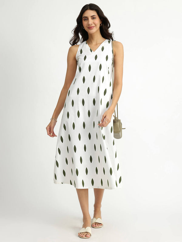 Cotton Sleeveless A-Line Dress - White & Green