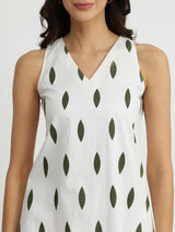 Cotton Sleeveless A-Line Dress - White & Green