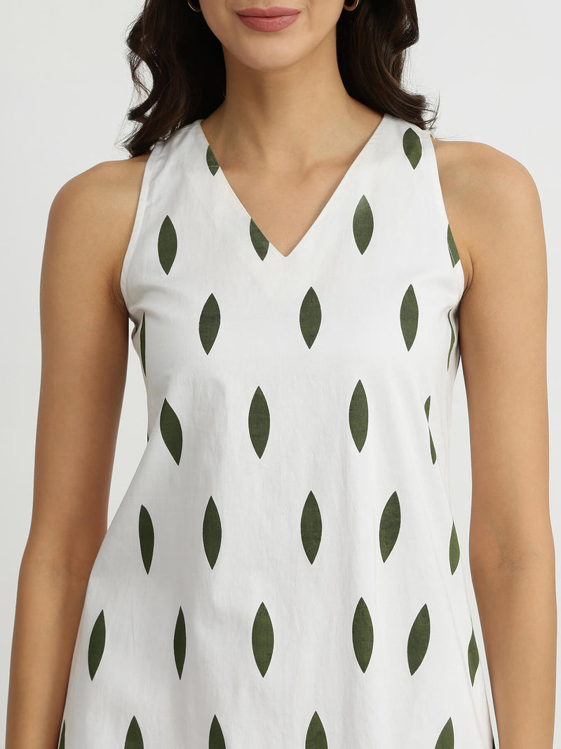 Cotton Sleeveless A-Line Dress - White & Green