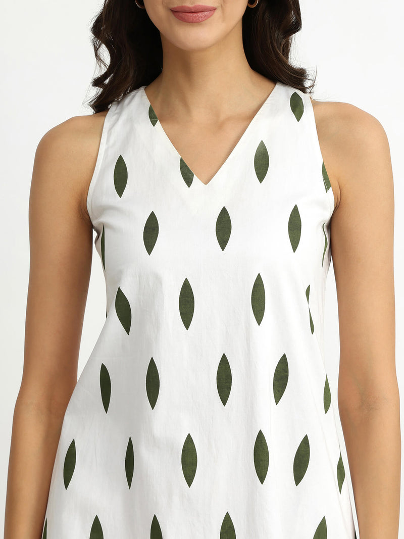 Cotton Sleeveless A-Line Dress - White & Green