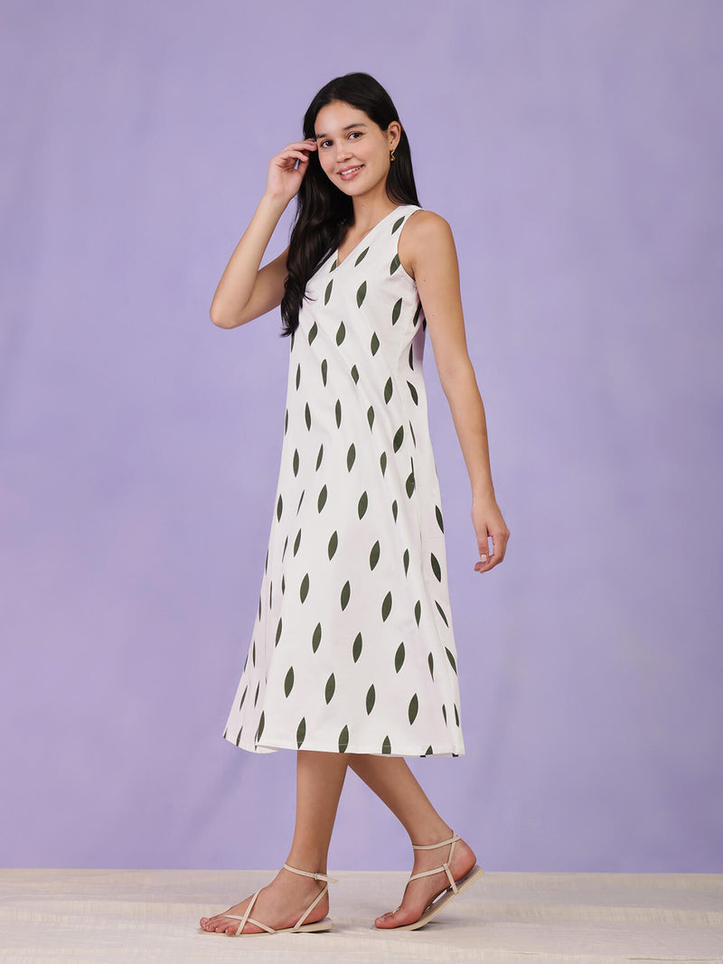 Cotton Sleeveless A-Line Dress - White & Green